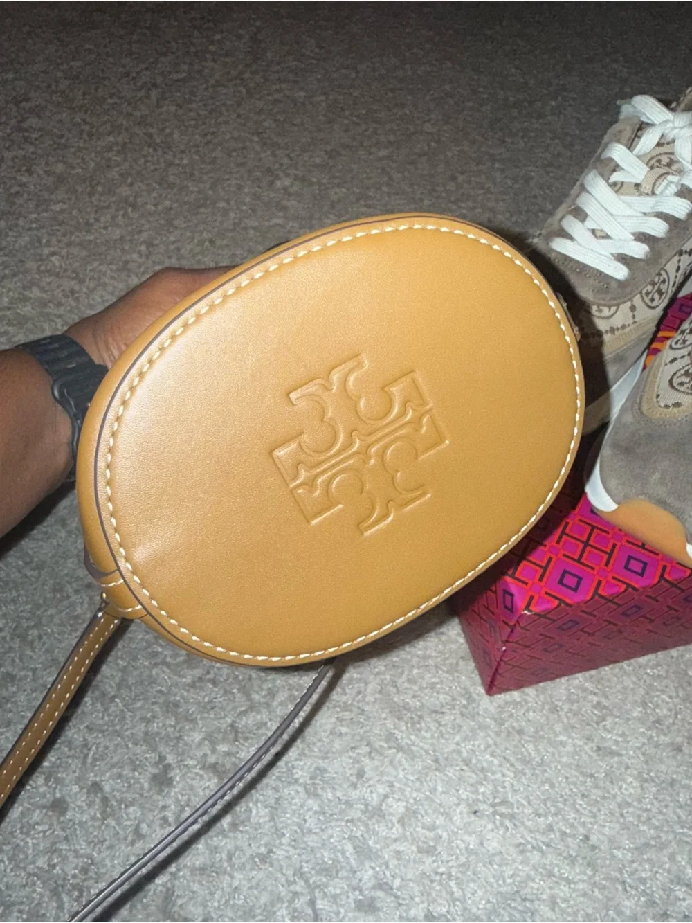 Tory Burch Logo Suede & Canvas Sneakers & matching bucket-bag. Dust-bag too.
